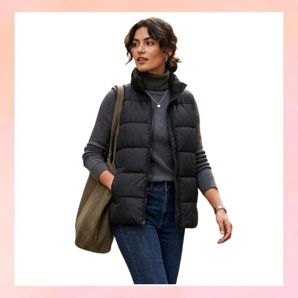 Old Navy Black Fleece Lined Puffer Vest - Size L - Quilted Winter Outerwear